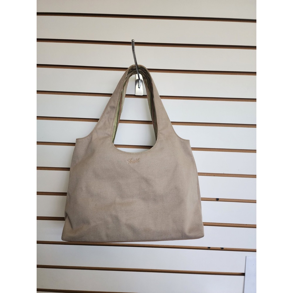 Fossil Boho Khaki Canvas Shoulder Bag With Striped Inside Border Zipper Magnetic